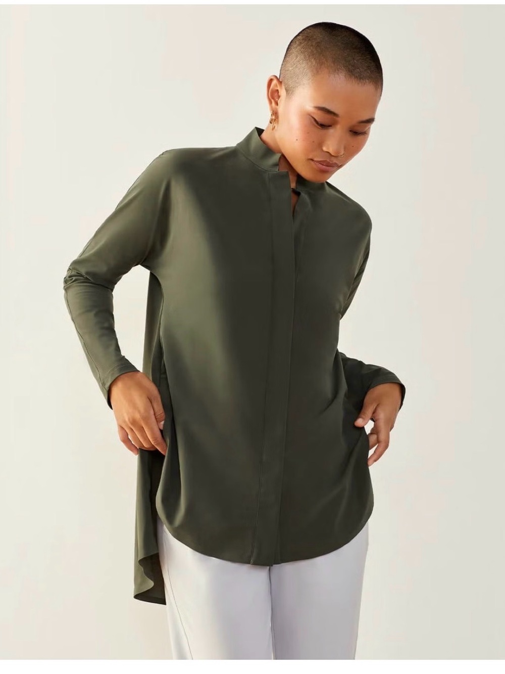 ADAY “Something Borrowed” Snap-Front Shirt, Olive/Khaki, Mandarin Collar, Size L